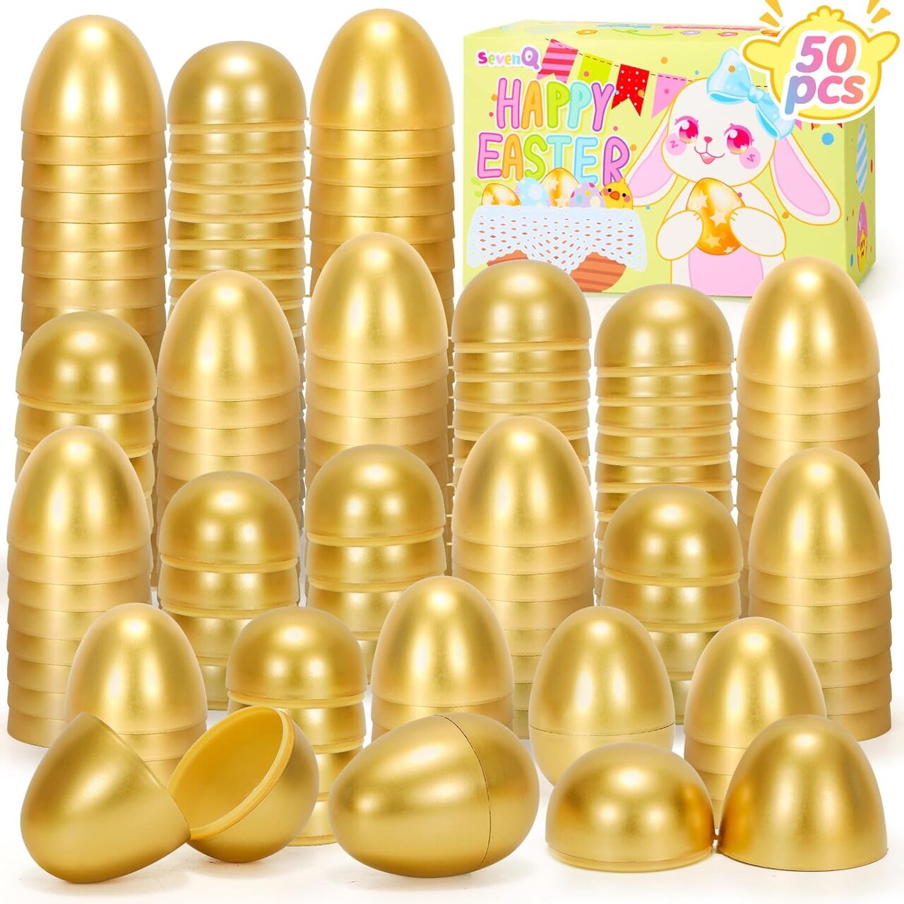 Fillable Easter Eggs 50Pcs Plastic Golden Eggs for Easter Basket Stuffers,Easter Gifts for Kids Party Favors Pinata Candy Goodie Bags Treasure Box Toys Fillers Easter Egg Hunt Games Decorations